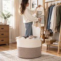 Panier en corde de coton bicolore, grand bac de rangement tissé avec poignées pour le linge, les vêtements, les jouets, les couvertures, la décoration de la maison