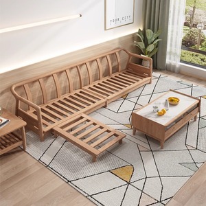 Sofá en Forma de L de Madera Maciza, Tres Plazas, Convertible, Estilo Nórdico, Muebles para Sala de Estar - Product Image 1