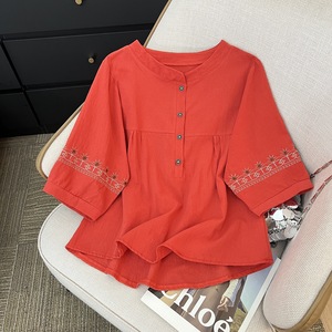 Women's Cotton Linen <b>Blouse</b> Orange <b>Red</b> Yellow Embroidered Three Quarter Sleeve Daily Wear Top - Product Image 3