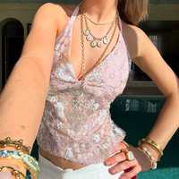Top Halter Sexy de Malla con Lentejuelas para Mujer, Camisola Transparente con Espalda Descubierta y Lazos, Ropa de Club Brillante y Sensual