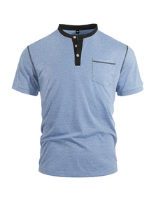 Camiseta Polo Henley para Hombre, Manga Corta, Mezcla de Algodón, con Bolsillo, Transpirable, Informal, para Trabajo - Product Image 4