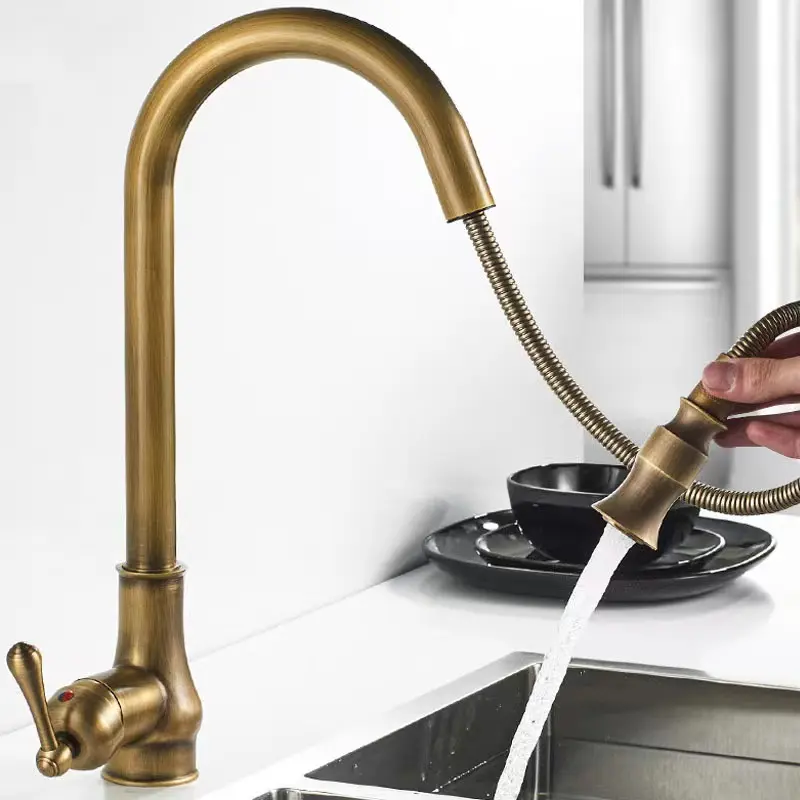 Modern Single Handle Flexible Pull Down Sprayer Copper Antique Brass Kitchen Sink Faucet
