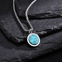 Échantillon Géométrique Design Turquoise Oeil de Tigre Pierre Naturelle Pendentif Rond Long Collier Chaîne Bijoux en Acier Inoxydable Pour Hommes