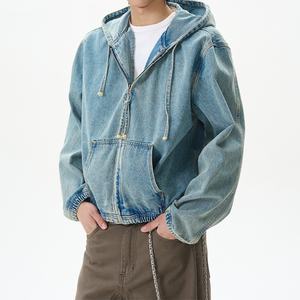 Sudadera con Capucha de Mezclilla Azul Casual para Hombre, Lavado Desgastado, 100% Algodón, Chaqueta Corta Vintage de Alta Calidad - Product Image 2