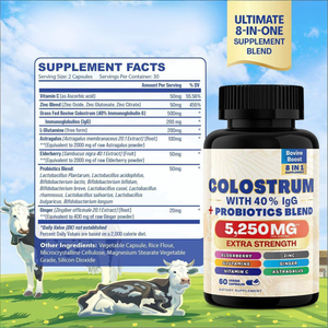 תוספת כוח קולוסטרום 5250 מ "ג עם 40% + פרוביוטיקה, 8 ב-1 תמיכה חיסונית עם אבץ אלדרברי, 60 קפסולות צמחוניות - Product Image 6