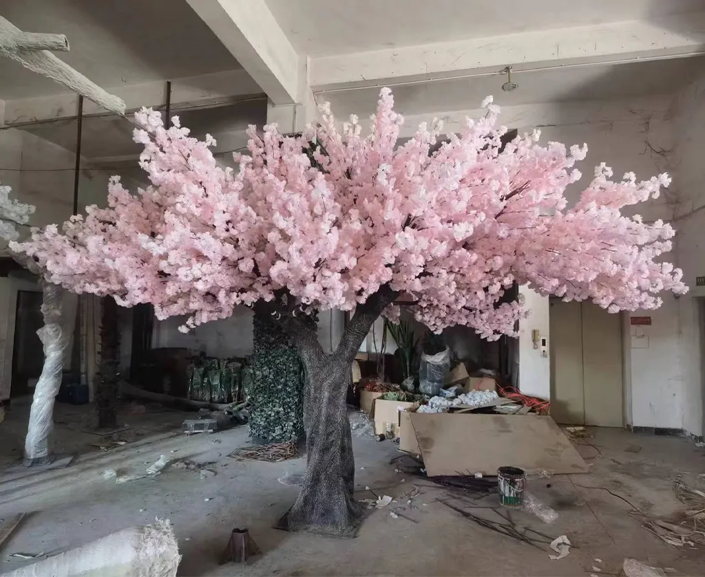 Planta artificial sakura para interiores y exteriores, plantas altas artificiales de flor de cerezo falsa, color rosa y blanco