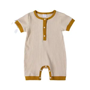 ขายส่ง ปุ่มเสื้อผ้าเด็ก-รอมเปอร์แขนสั้นสำหรับเด็กทารก,เสื้อผ้าเด็กทารกดีไซน์แบบมีกระดุมผ้าคอตตอนมีโครงแบบชิ้นเดียวสำหรับฤดูร้อน