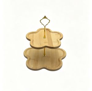 2 Tier Eco-Friendly Reusable Flower Shaped Bamboo Display Stand Golden Handle for Dessert Cupcake Party Jewelry Decor Organizer - Product Image 1