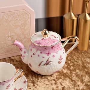 Luxury Fine Bone China Heat Resistant Oval Relief Flowers English Royal Style Coffee & <b>Tea</b> <b>Pot</b> <b>Set</b> From Guangdong for Gift - Product Image 3