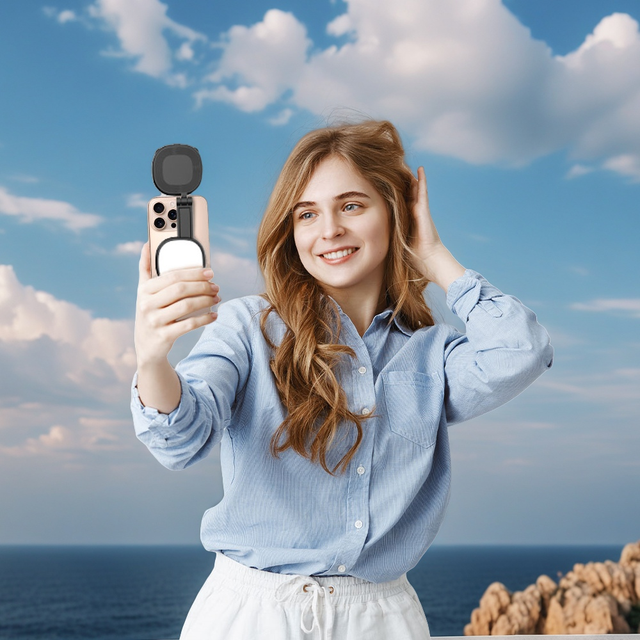 Mini Pocket Size LED Magnetic Selfie Light USB Rechargeable Wireless Portable for iPhone Android Phones Built-in Touch-up Mirror