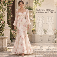 Robe longue sirène formelle pour femme en mousseline à imprimé floral, col cœur, manches longues bouffantes, coupe ajustée, longueur ras du sol, OEM