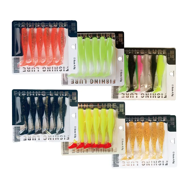 New Arrival 6pcs/bag Hot Sale Tpr Material 8cm T Tail Fishing Lure Swim Plastics Soft Baits
