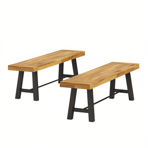 Ensemble de 2 bancs de patio extérieurs en bois d'acacia avec structure en métal, design industriel moderne et durable pour meubles d'extérieur - Product Image 1