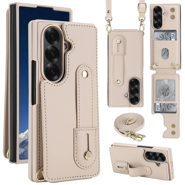 Luxury Cross-Body Wrist Strap Card-Holder Phone Case for Z Fold 7 & FOLD 6/5/4-Artificial Leather Purely Handmade
