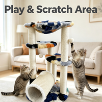 Arbre à chat coloré avec tunnel cachette, poteaux à gratter en sisal, plateformes en peluche, grand lit de repos supérieur, espace multi-chats
