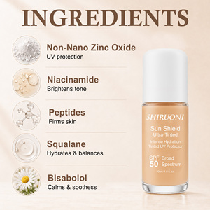Crème solaire teintée SPF50 à label privé OEM, sans <span class=keywords><strong>nano</strong></span>-<span class=keywords><strong>oxyde</strong></span> <span class=keywords><strong>de</strong></span> <span class=keywords><strong>zinc</strong></span>, niacinamide, peptide, hydratante, apaisante, protection UV, maquillage du visage - Product Image 2