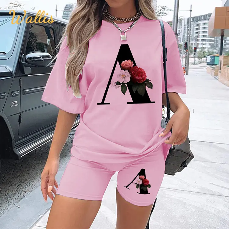 Custom Heat Transfer Design Short Sleeve Graphic Tee Black Letter Floral Tshirt Women T Shirt And Shorts 2 Pieces Set Outfits