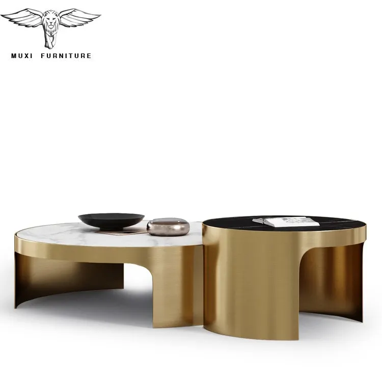 Luxury Designer Mushroom Classic Black Modern Marble Block Coffee Tables 2 Piece Black Golden Modern