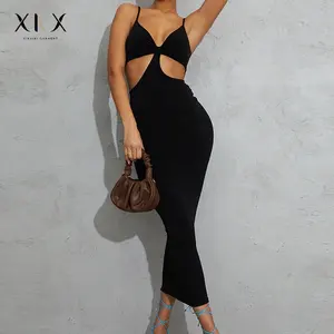 Fit Polyester Spandex Women Dress New Arrival Private Label Sexy Cut Out Slim Black Casual Dresses Clothing Woman Casual Life