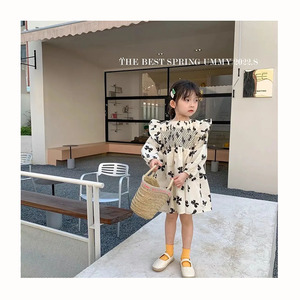 Robe en coton imprimé floral pour bébé et enfant, style coréen, beige, manches bouffantes, broderie sur la poitrine, robes pour enfants - Product Image 1