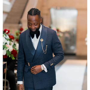 Azul marinho Jacquard Buckle Design Mens Ternos Xaile Lapel Business Groom Groomsmen Wedding <span class=keywords><strong>Prom</strong></span> 3 Pieces ( Jacket + Vest + Pants) - Product Image 3