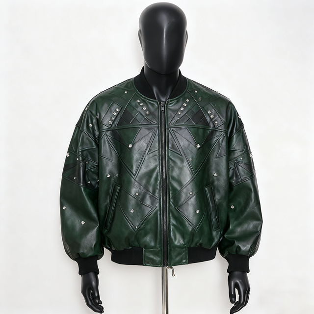 Custom New Arrival Embroidery Rhinestone Men's Luxury Faux Leather Bomber Jacket Meteorite Texture Quilted Motorcycle Jacket