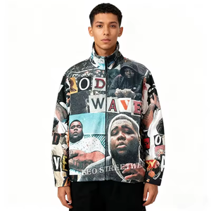 Custom Men's Street Wear Urban Trend Wave Design Stand Collar Tapestry Jacket <strong>Long</strong> Sleeve Zipper Oversized Windbreaker <strong>Coat</strong> - Product Image 1