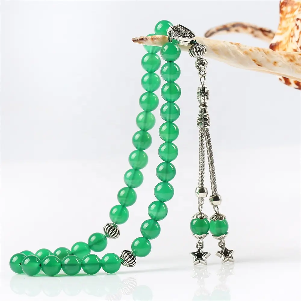 고품질 자연 녹색 마노 돌 구슬 Tasbih Tasbeeh Misbaha 라마단 이드 선물 이슬람 이슬람 이슬람 Tasbih 기도 구슬