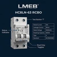 Interruptor Diferencial RCBO Tipo A LMEB HC8LN-63, 2P, 10A a 63A, 30mA, 6kA, para Caja de Distribución Doméstica