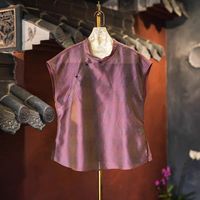Nouvelle Blouse Femme d'Été à Manches Courtes en Soie de Mûrier Brodé, Col Montant et Boutons Grenouille, Style Rétro Chinois, 5904