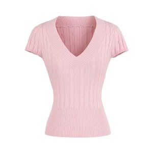 V-Neck Short-Sleeve Knit T-Shirt Top for Women Slim Fit Sexy/Versatile Style - Product Image 6