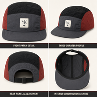 Casquette de camping et de fête à trois tons, en nylon imperméable, avec patch lettre tissé et logo personnalisé, coloris anthracite, rouge et noir, coutures surpiquées, pliable