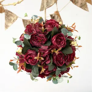 Rose rouge personnalisé suspendu boule de fleurs en soie artificielle hortensia fleur centres de table mariage pivoine fleur Ballpopular