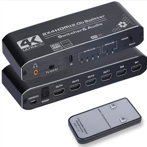 Répartiteur de commutateur 4K @ 60Hz <span class=keywords><strong>2x4</strong></span> <span class=keywords><strong>HDMI</strong></span> 2.0 SPDIF Audio 3.5mm et scalaire 2 en 4 sorties avec télécommande IR 4K 3D HDCP2.2 Répartiteur de commutateur <span class=keywords><strong>HDMI</strong></span> - Product Image 1