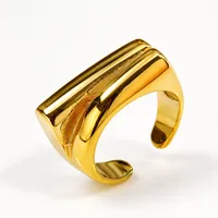 Edelstahl Vergoldeter Breiter Offener Manschettenring, Einzigartiger Strukturierter Rillen-Statement-Ring, Modischer Verstellbarer Fingerschmuck