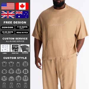 KingSen OEM Men's Breathable Linen <b>Blend</b> T Shirt Oversized Custom Embroidery Raw Edge Pocket Casual Tee Slub Cotton Streetwear - Product Image 2