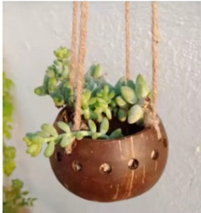 Pot suspendu artisanal en coque de noix de coco, écologique, naturel, pour la décoration intérieure et de jardin, capacité 300 ml, capacité de charge 700 ml - Product Image 4