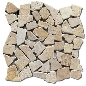 आधुनिक रसोई बैकस्प्लैश अनियमित कोबल आकार दीवार टाइल पीले संगमरमर पत्थर मोज़ेक टाइल