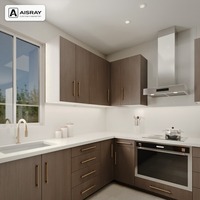 Meuble de cuisine de luxe, portes en placage de bois au design moderne, aménagement en L, boîtes en panneaux de particules et rangement coulissant