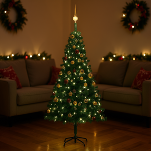 Árbol de Navidad Artificial de PVC Verde Preiluminado de 70.9 Pulgadas con Luces LED Blancas Cálidas, Base para Interior y Adornos de Bolas - Product Image 2