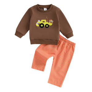 Ensemble deux pièces pour garçons AliExpress : <span class=keywords><strong>Sweat</strong></span>-shirt en coton style occidental et pantalon à carreaux, motif dessin animé pour bébé, collection printemps-automne - Product Image 3