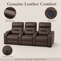 Canapé inclinable de cinéma maison 3 places en cuir véritable avec fonction électrique, porte-gobelets et chargement USB – Vente en gros directe usine, OEM, ODM, personnalisable