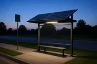 Abri d'arrêt de bus intelligent en acier inoxydable à énergie solaire, design moderne, plateforme intégrée avec signalisation urbaine et siège, mobilier extérieur