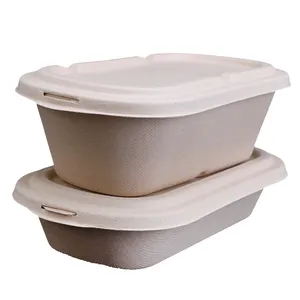 Takeaway Sekali Pakai Kotak Persegi Bulat Wadah Makanan Mangkuk Salad Bagasse Peralatan Makan Tebu Bagasse Mangkuk Bubur dengan Tutup