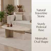 Table basse ovale moderne avec base en piédestal solide, élégante et minimaliste, aspect pierre, table centrale pour le salon
