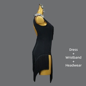 Robe de <span class=keywords><strong>danse</strong></span> latine noire à franges, col montant, dos nu, asymétrique, mini-robe pour concours et spectacle - Product Image 3