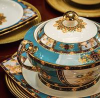 Service de table en porcelaine fine YanJun style Sèvres, vaisselle de luxe bleu et or à motifs floraux pour la maison, les dîners, les fêtes et les cadeaux