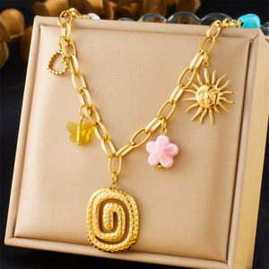 Collar con Colgante de Sol y Luna, Peces Marinos, Estrellas de Mar, Accesorios de Animales Marinos, Concha, Nudo de Mariposa, Cruz, Corazón, Joyería de Oro de 18K - Product Image 3