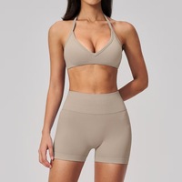 Ensemble de sport sans couture 2 pièces pour femme, soutien-gorge de sport à col en V + short cycliste taille haute effet push-up
