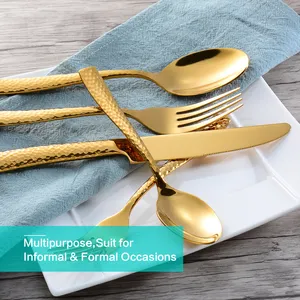 Wholesale Restaurant Unique Hammered Handle Design Gold Flatware Set Stainless Steel Cutlery For Home Hotel Wedding